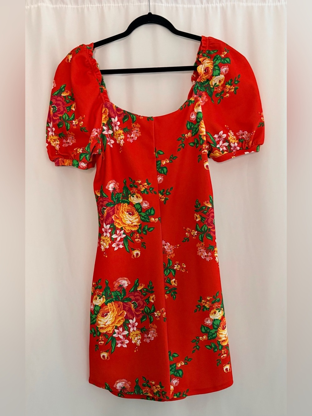 Betsey Johnson Red Floral Puff Sleeve Mini Dress XL Babydoll Ruched Front Y2K